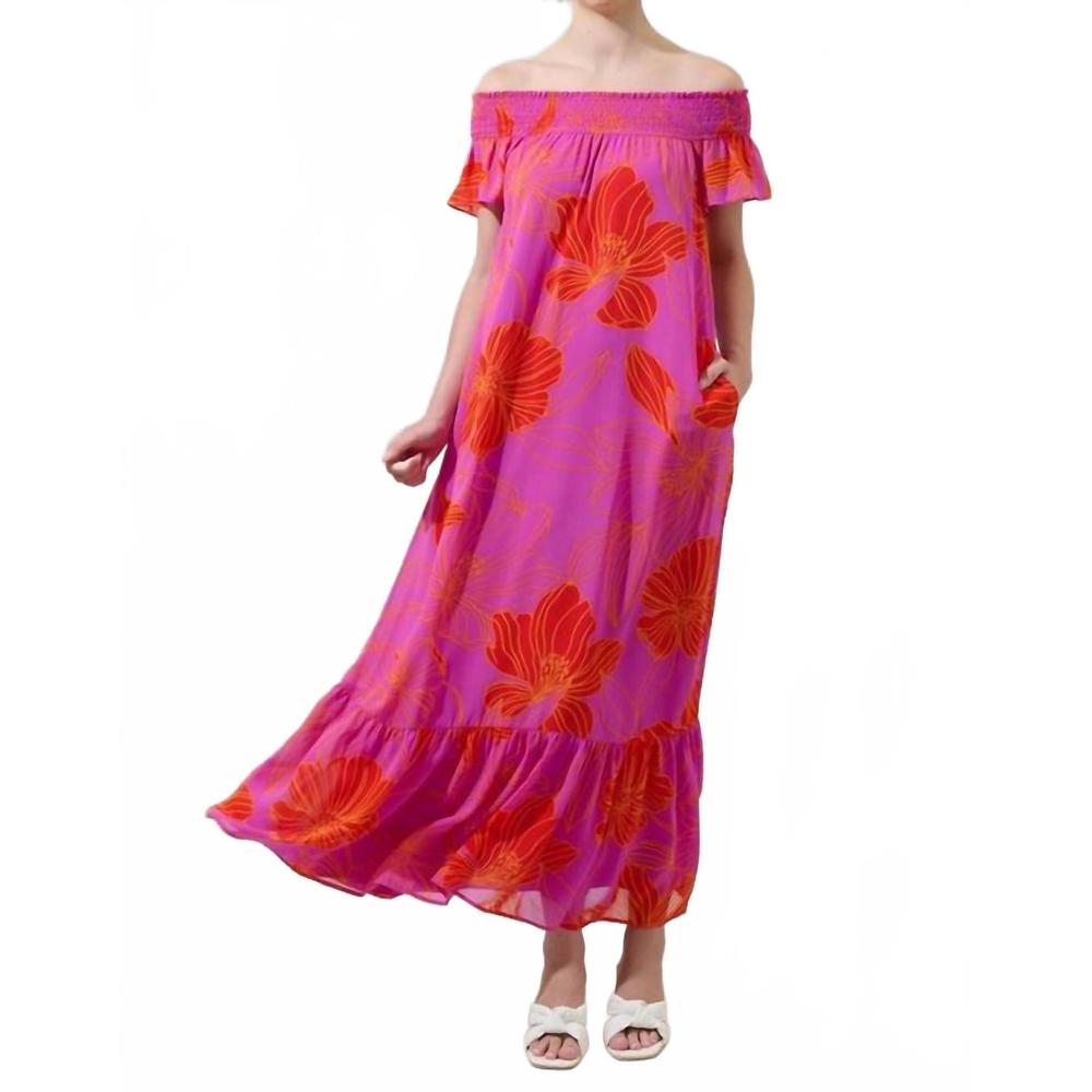 Sugarlips Off-Shoulder Pink Maxi Dress with Orange Floral Print